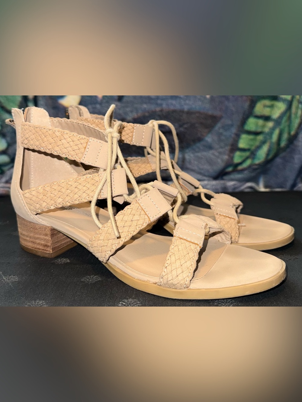 Treasure & Bond Beige Braided Lace-Up Block Heel Sandals